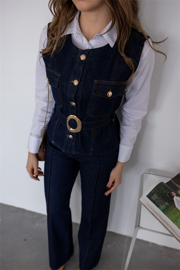 Gold Düğmeli Denim Takım - LACİVERT