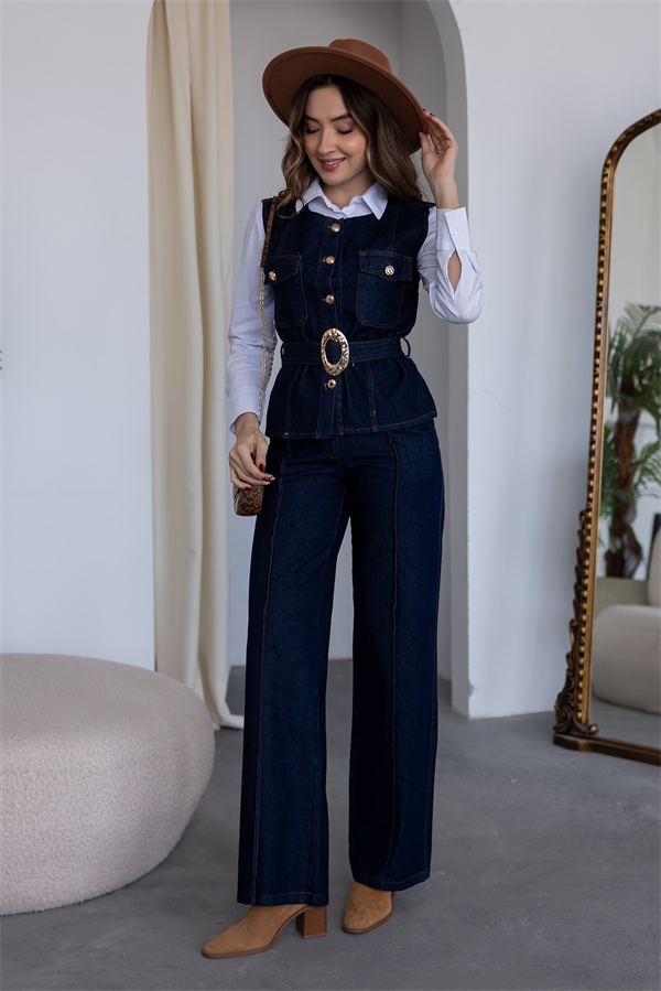 Gold Düğmeli Denim Takım - LACİVERT
