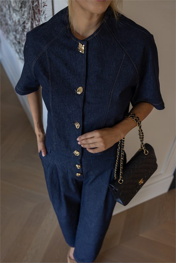 Gold Düğmeli  Denim Takım - LACİVERT
