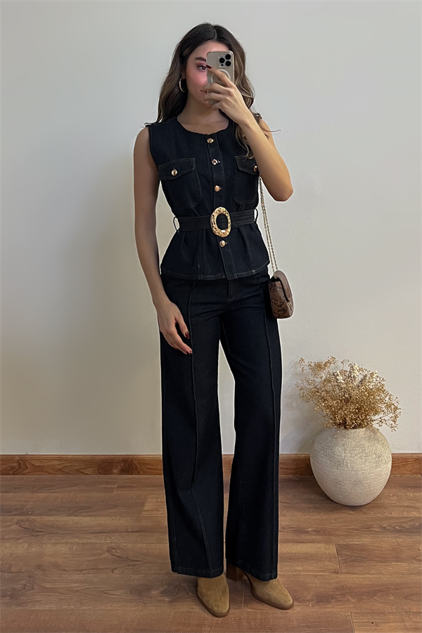Gold Düğmeli Denim Takım - LACİVERT
