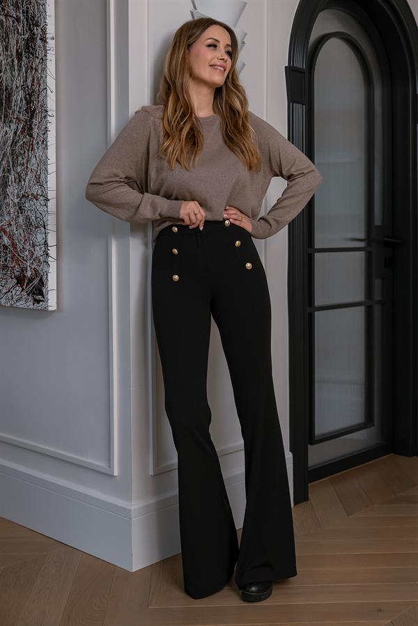 Gold Düğmeli İspanyol Paça Pantolon - SİYAH