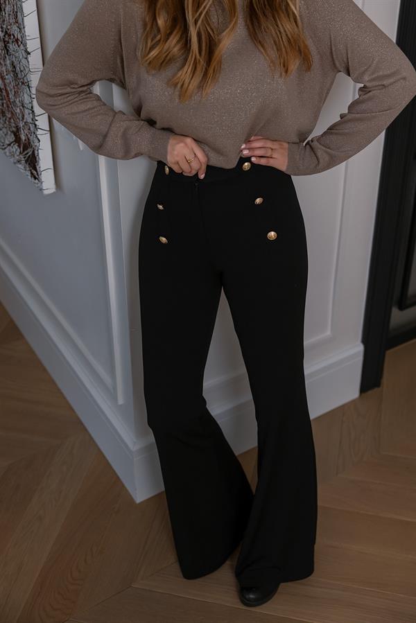 Gold Düğmeli İspanyol Paça Pantolon - SİYAH