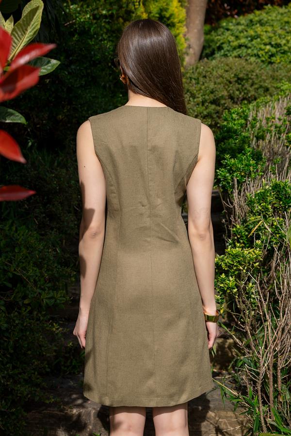 Gold Düğmeli Keten Elbise - HAKİ