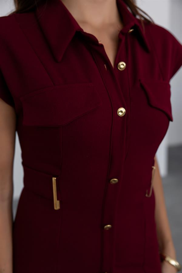 Gold Düğmeli Midi Elbise - BORDO
