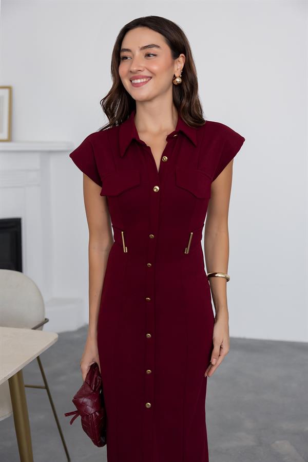 Gold Düğmeli Midi Elbise - BORDO