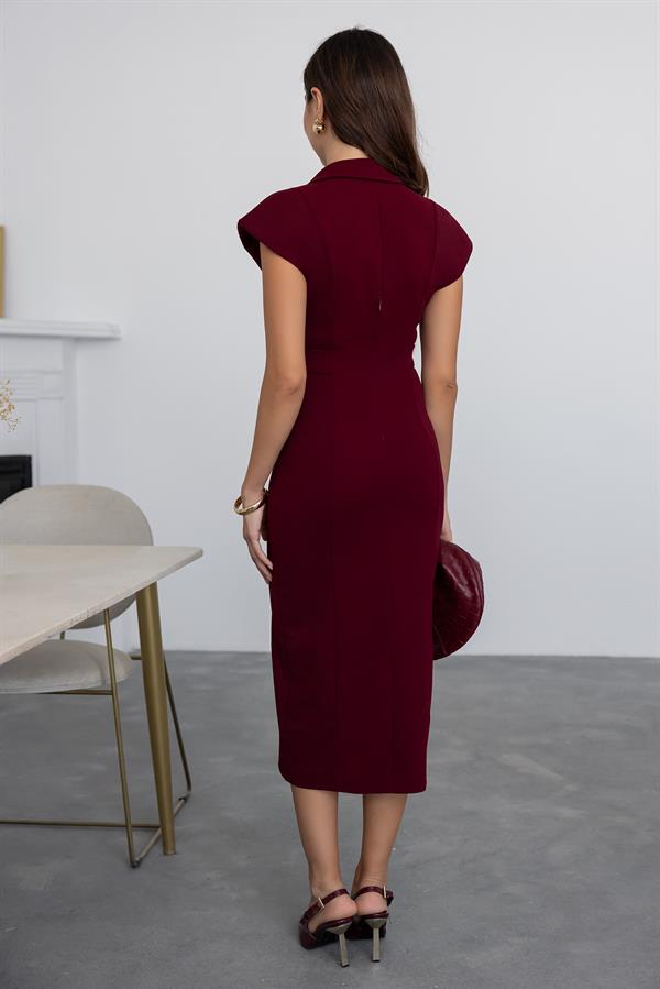 Gold Düğmeli Midi Elbise - BORDO
