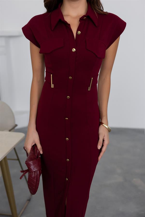 Gold Düğmeli Midi Elbise - BORDO