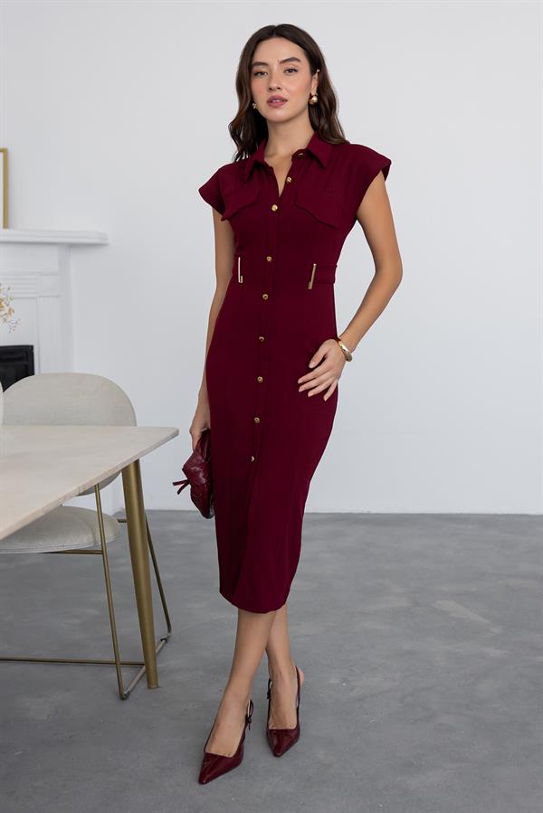 Gold Düğmeli Midi Elbise - BORDO