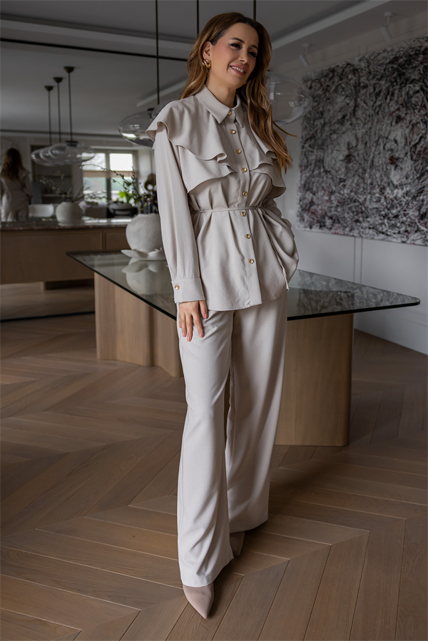 Gold Düğmeli Pelerin Detay Takım - BEJ