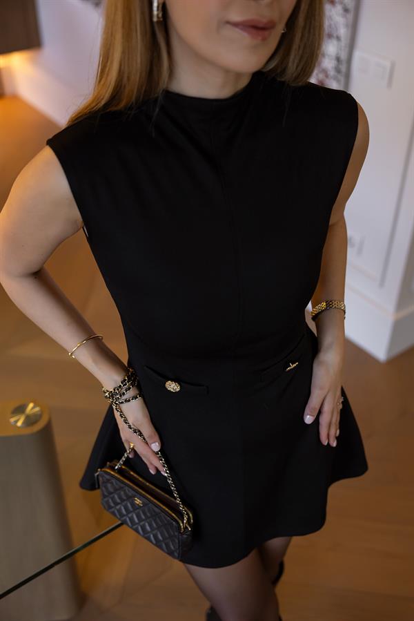 Gold Düğmeli Selanik Elbise - SİYAH