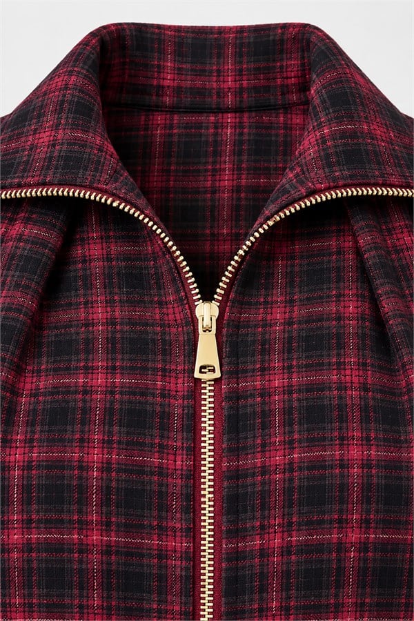 Gold Fermuarlı Ekose Bomber Ceket - KIRMIZI