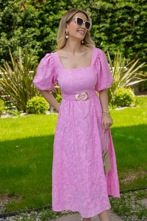 Gold Kemerli Fisto Elbise - PEMBE