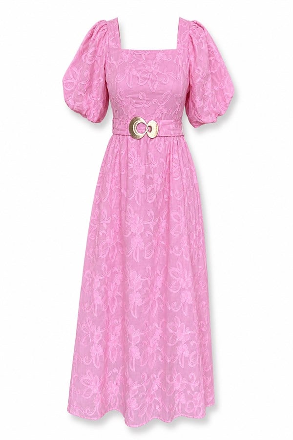 Gold Kemerli Fisto Elbise - PEMBE