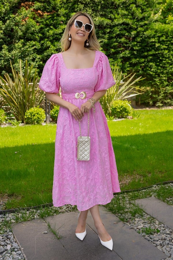 Gold Kemerli Fisto Elbise - PEMBE