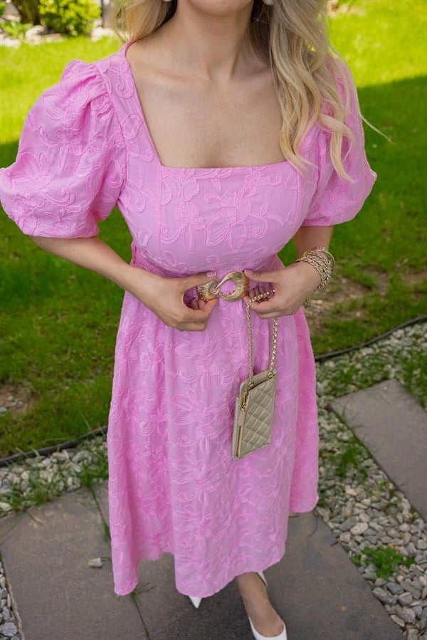 Gold Kemerli Fisto Elbise - PEMBE