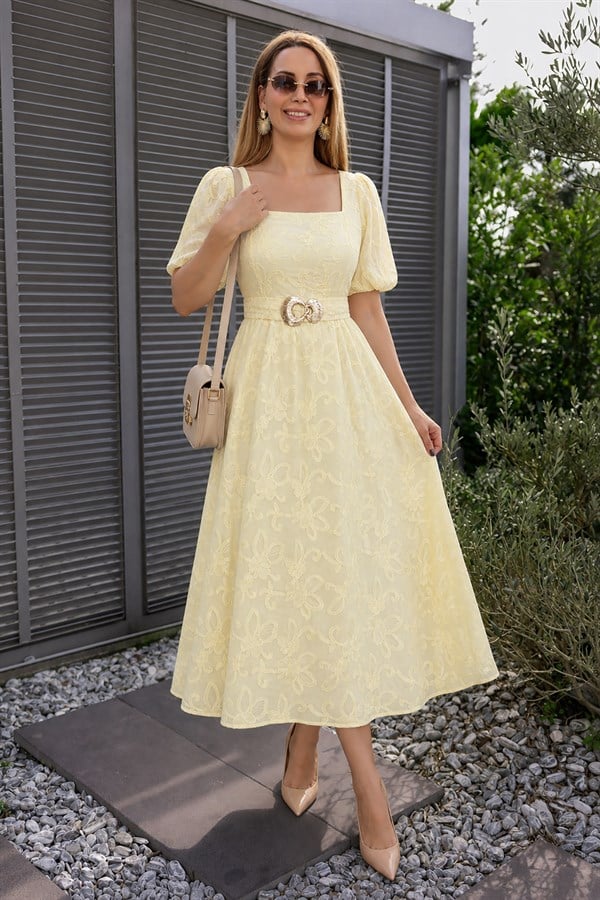 Gold Kemerli Fisto Elbise - SARI