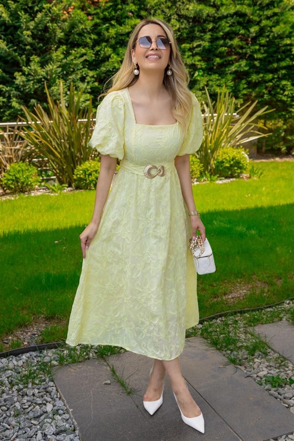 Gold Kemerli Fisto Elbise - SARI