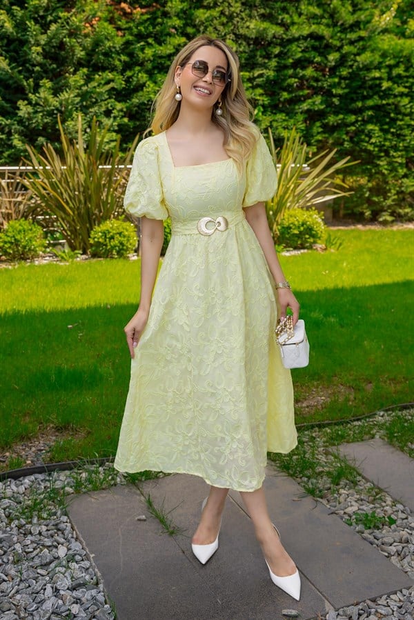 Gold Kemerli Fisto Elbise - SARI