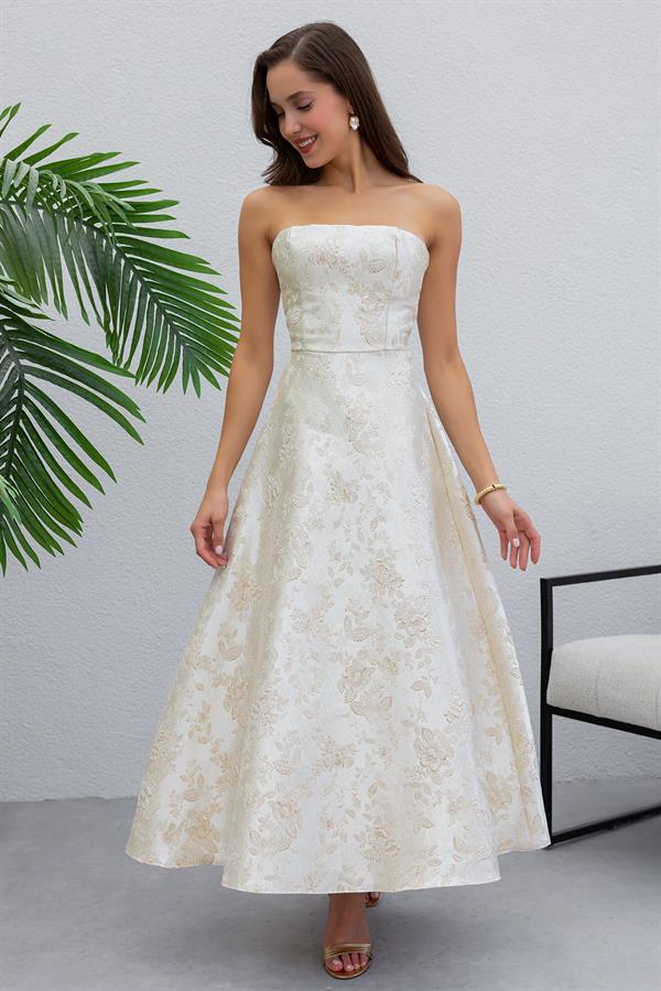 Gold Varaklı Straplez Elbise - KREM