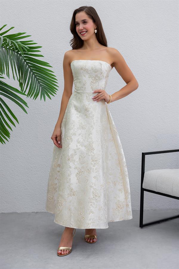 Gold Varaklı Straplez Elbise - KREM