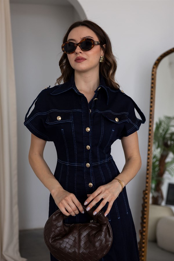 Gömlek Yaka Denim Elbise - LACİVERT