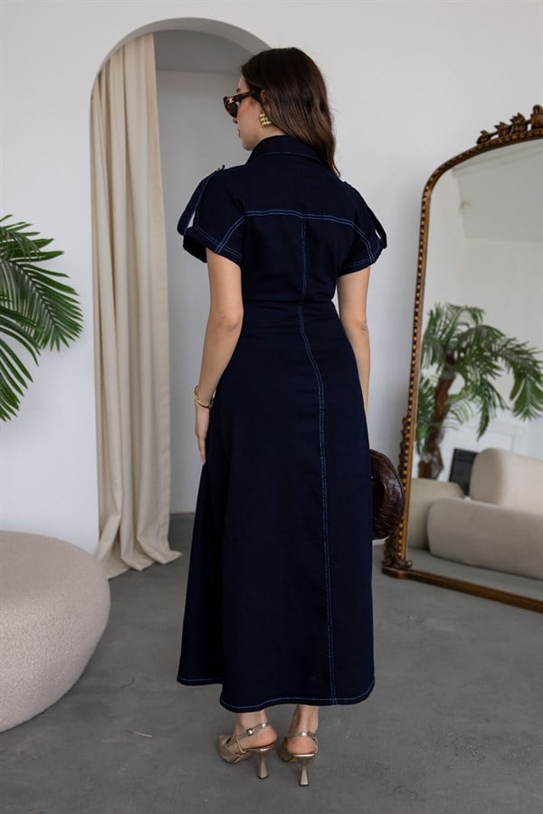Gömlek Yaka Denim Elbise - LACİVERT