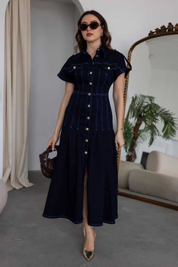 Gömlek Yaka Denim Elbise - LACİVERT
