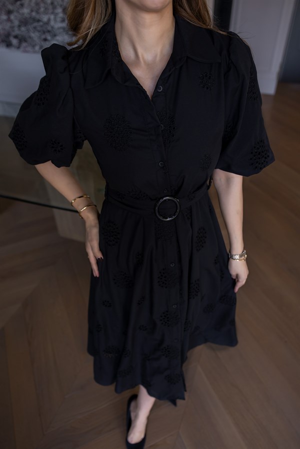 Gömlek Yaka Düğme Kapamalı Elbise - SİYAH