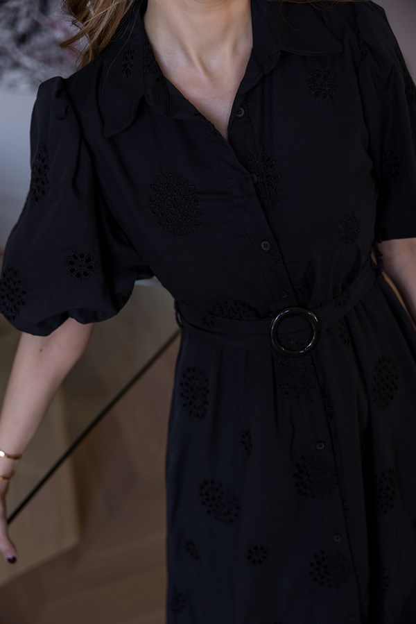 Gömlek Yaka Düğme Kapamalı Elbise - SİYAH