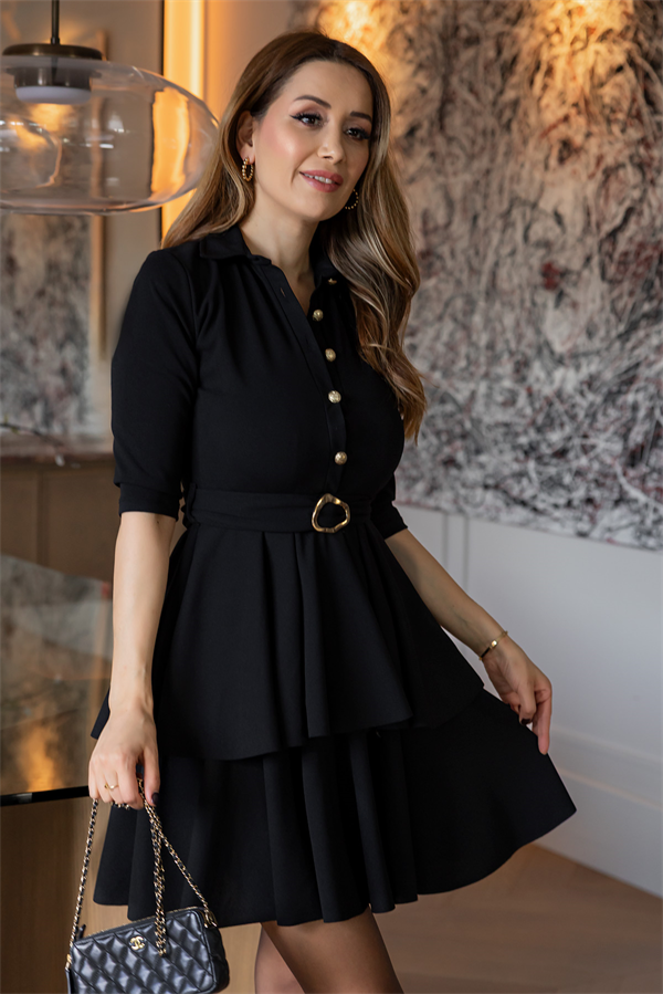 Gömlek Yaka Kuşaklı Elbise - SİYAH