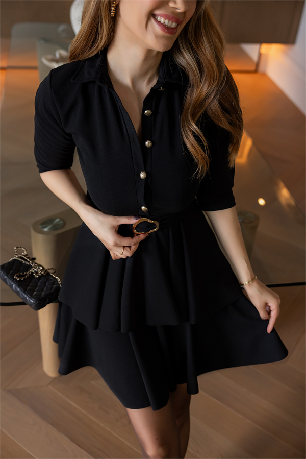 Gömlek Yaka Kuşaklı Elbise - SİYAH