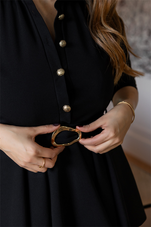 Gömlek Yaka Kuşaklı Elbise - SİYAH