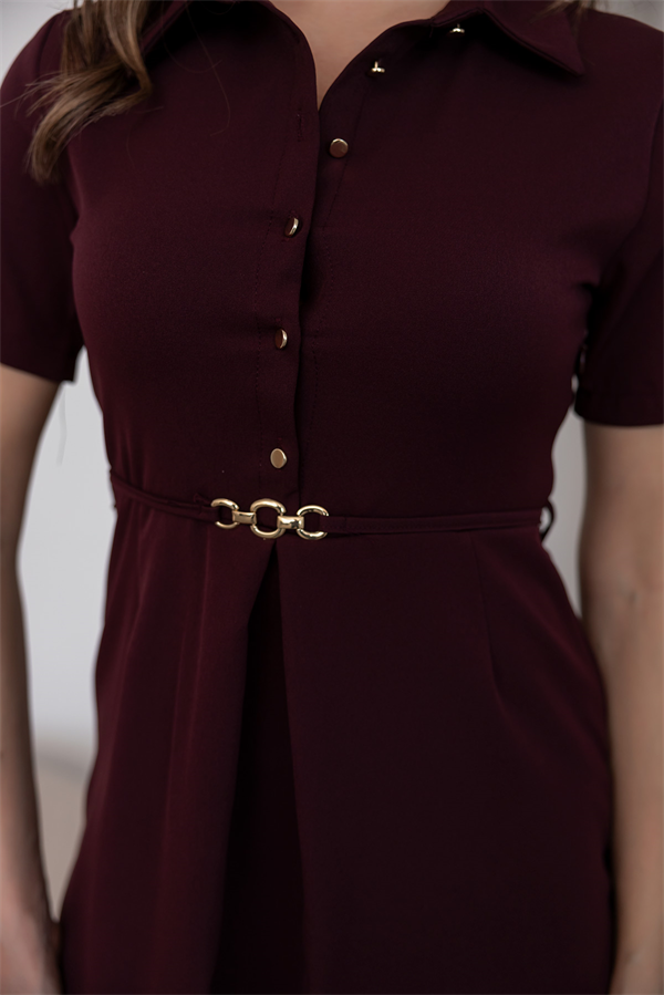 Gömlek Yaka Pileli Elbise - BORDO