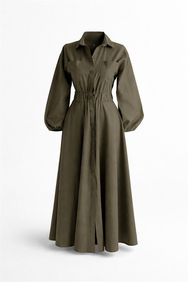 Gömlek Yaka Poplin Elbise - HAKİ