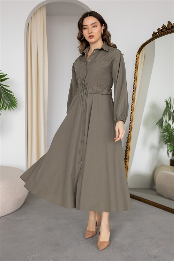 Gömlek Yaka Poplin Elbise - HAKİ