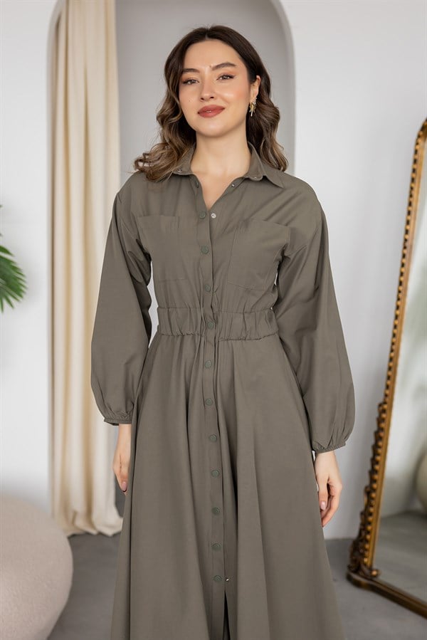 Gömlek Yaka Poplin Elbise - HAKİ