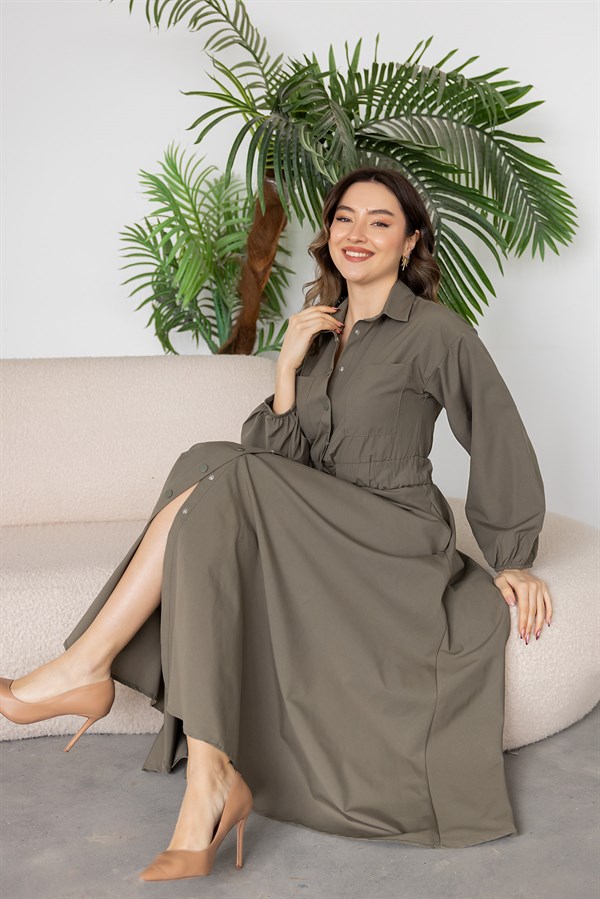 Gömlek Yaka Poplin Elbise - HAKİ