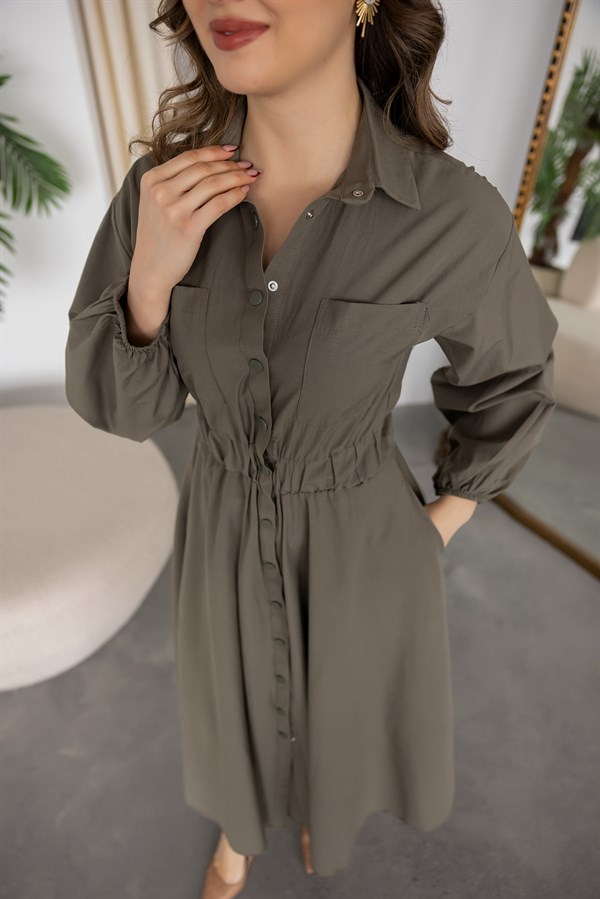 Gömlek Yaka Poplin Elbise - HAKİ