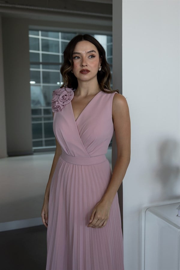 Gül Broşlu Piliseli Abiye - PEMBE