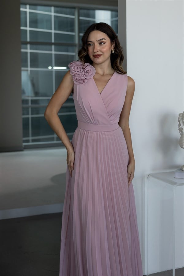 Gül Broşlu Piliseli Abiye - PEMBE