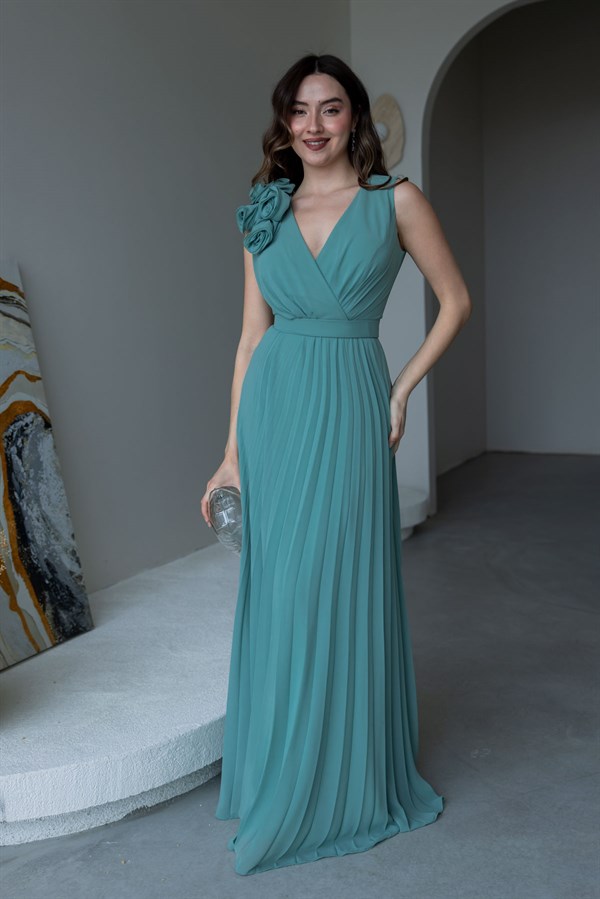 Gül Broşlu Piliseli Abiye - YEŞİL