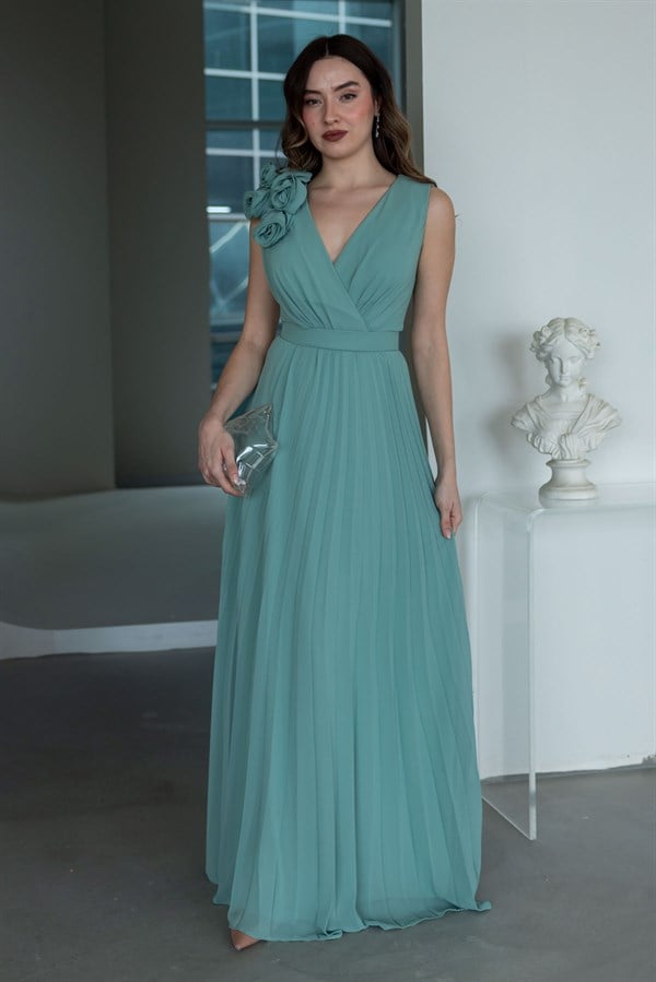 Gül Broşlu Piliseli Abiye - YEŞİL