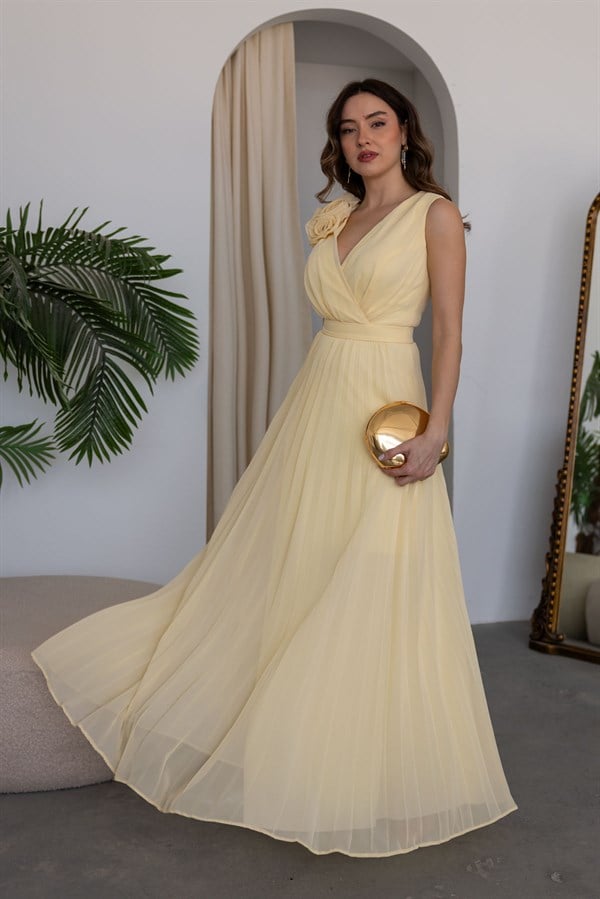 Gül Broşlu Piliseli Abiye - SARI