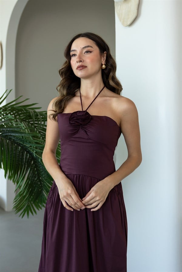 Gül Detaylı Maxi Elbise - BORDO