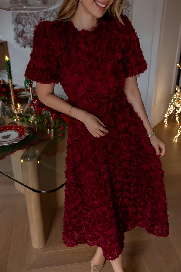 Gül Tasarımlı Elbise - BORDO