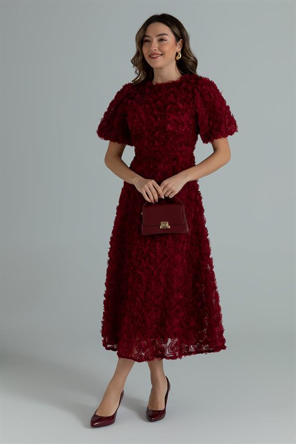Gül Tasarımlı Elbise - BORDO