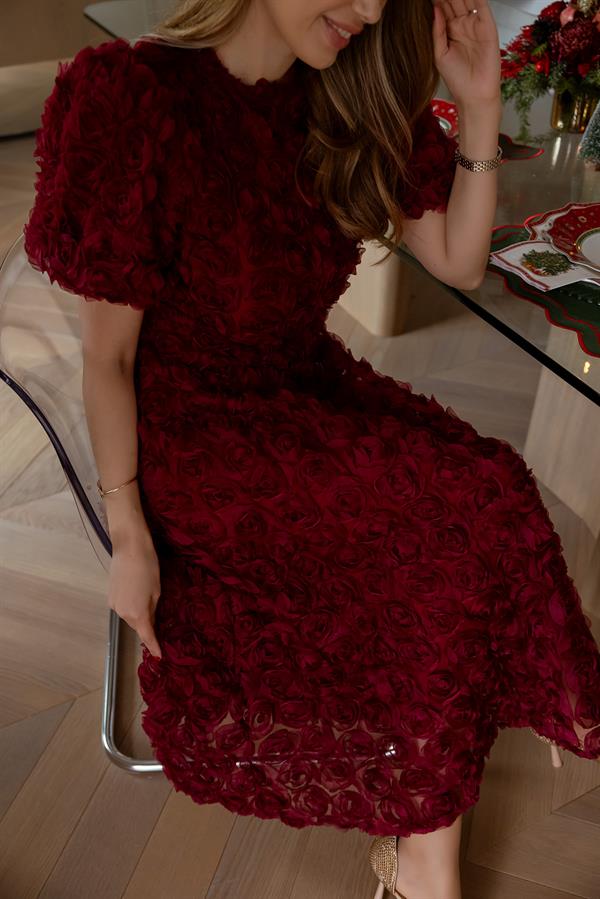 Gül Tasarımlı Elbise - BORDO