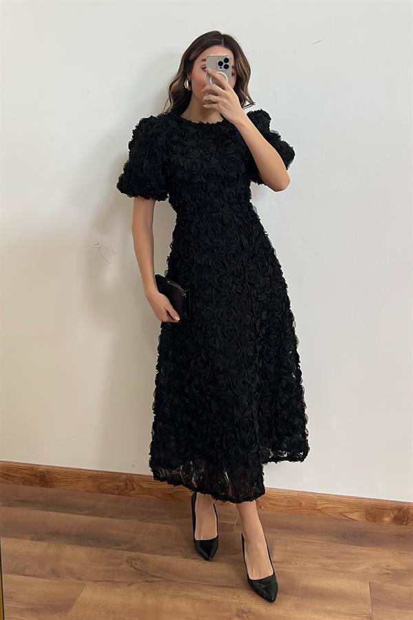 Gül Tasarımlı Elbise - SİYAH