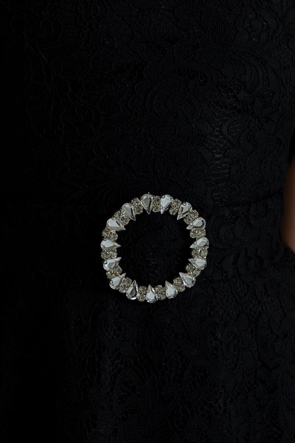 Güpür Detay Taş Kemerli Abiye - SİYAH