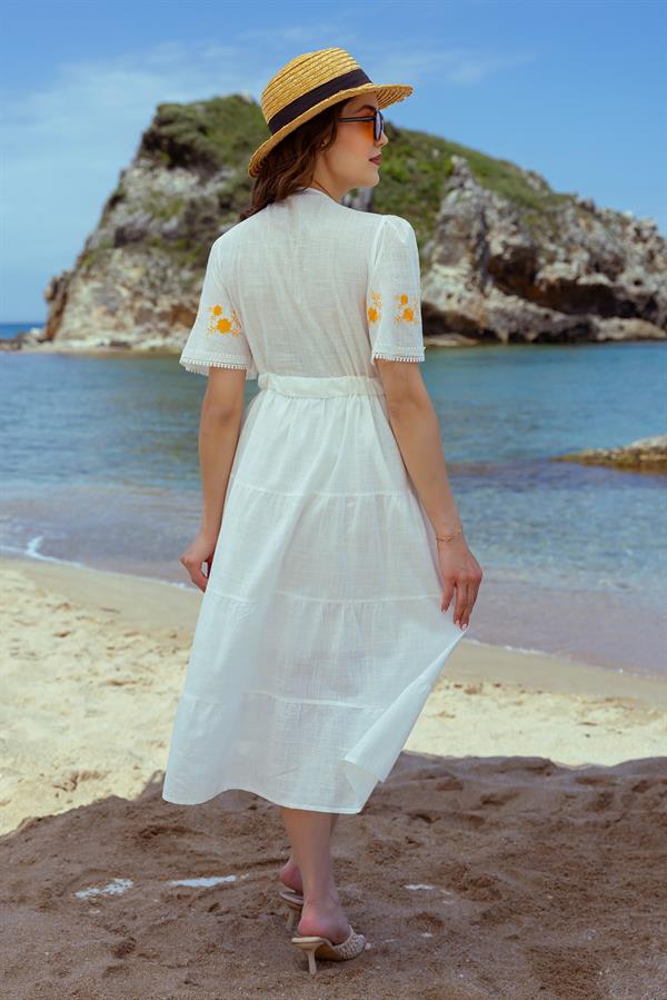 Güpür Şeritli Keten Elbise - BEYAZ